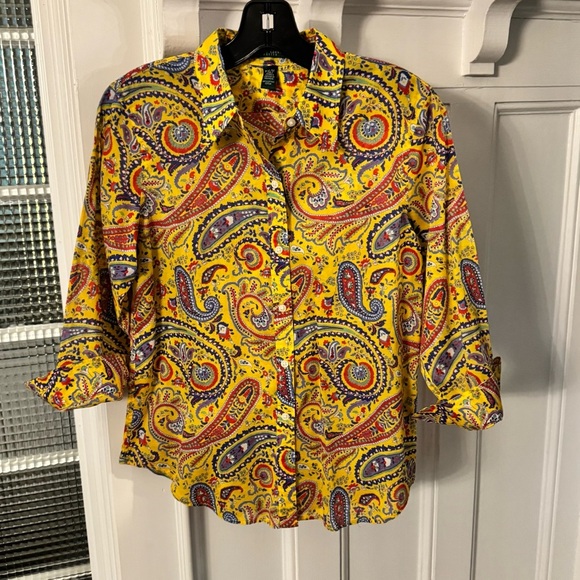 Lauren Ralph Lauren Paisley Top Sz M/P Button Up Shirt 3/4 Sleeve Yellow multi - Picture 4 of 10